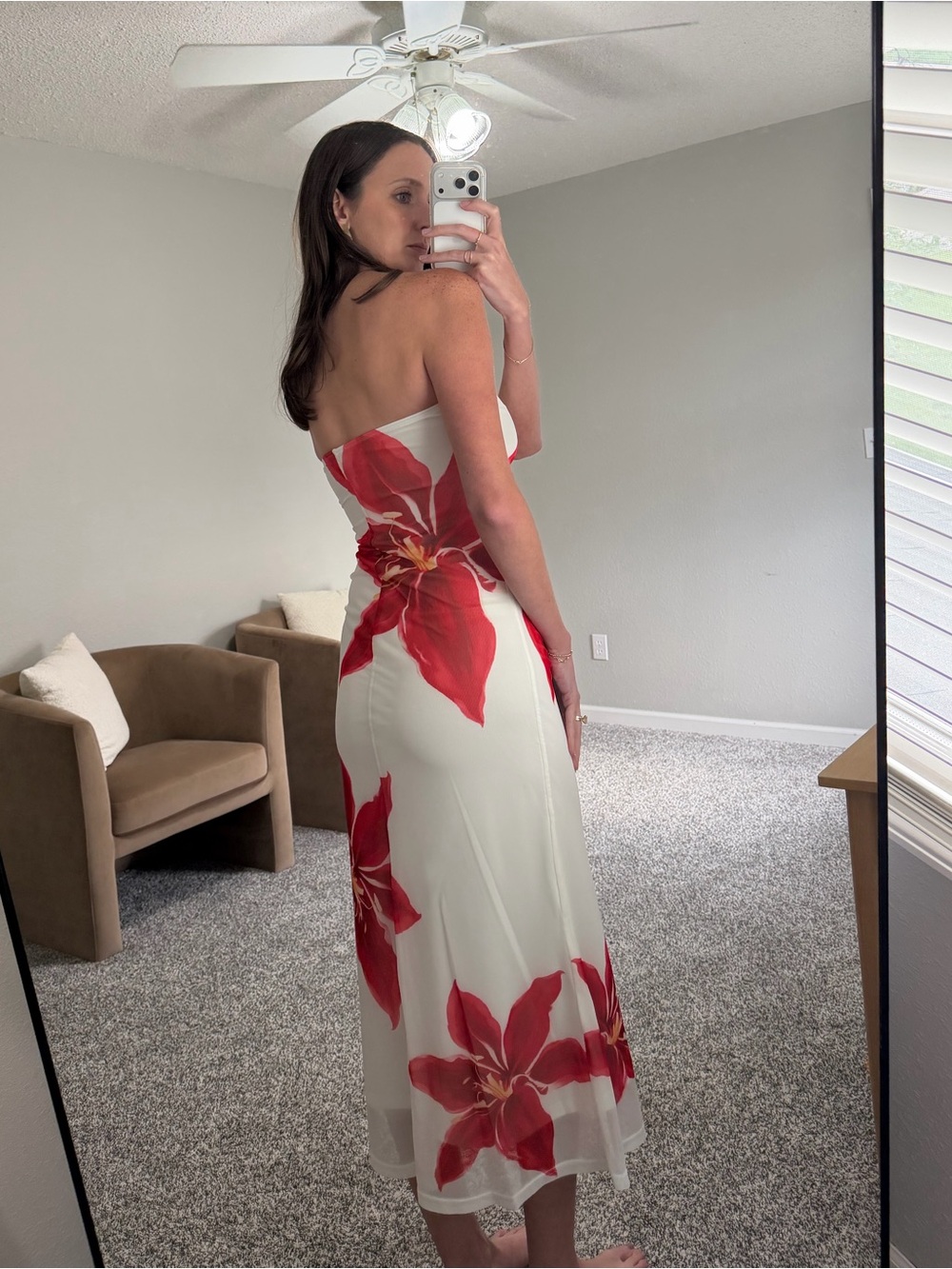 Strapless Cream Midi Dress with Red Floral Print - Picture 2 of 4